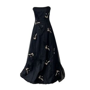 Vtg 90s Y2K Black Floral Whimsy Fairy Beaded Tulle Mesh Prom Formal Gown Sz 5